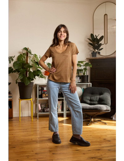 T shirt en lin femme - bronze - col V