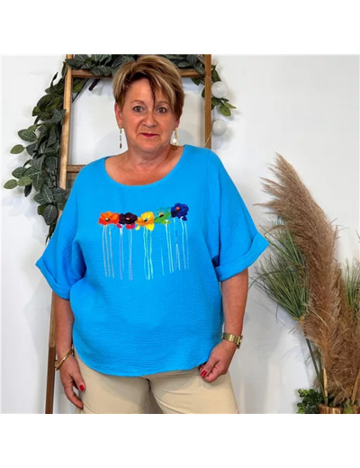 K206- Tunique coton "Coquelicots" (Tu) 🇮🇹 (bleu turquoise)