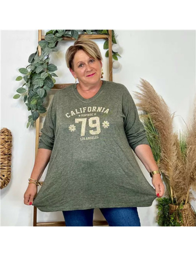 Z137- Pull femme grande taille motif doré Californie 79 (kaki)