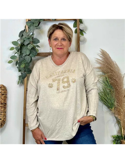 Z137- Pull femme grande taille motif doré Californie 79 (beige)