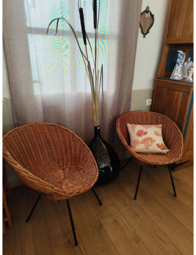 Paire de fauteuils corbeille en rotin des années 60