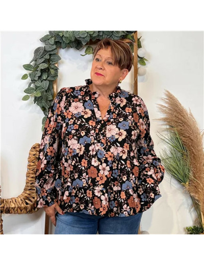 K093- Blouse By One fleurie (T40-T48) (noir)