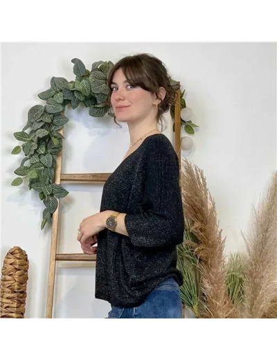 K052- Pull col en V Lurex (Tu) 🇮🇹 (noir)