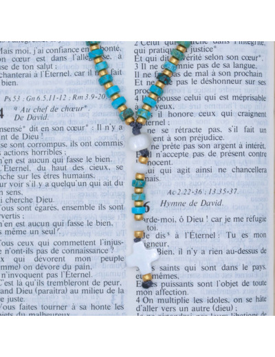 Chapelet de téléphone jaspe bleu, nacre et perles de verre Miyuki or