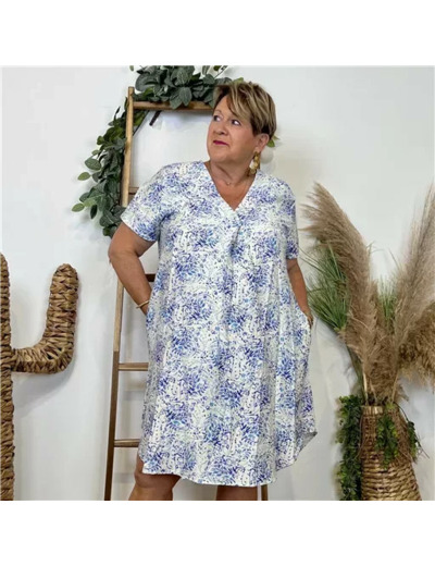Z329- Robe Christy "Fleurettes" (T44-T52) (bleu ciel)