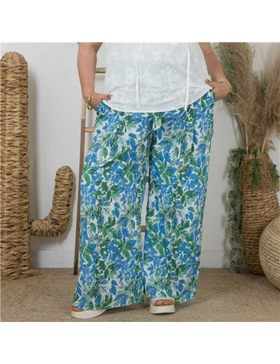L787- Pantalon Flou "Feuilles"(T40-T48) (bleu turquoise)