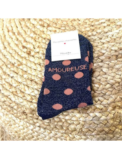 V313- Chaussettes paillettes "Amoureuse" (marine)