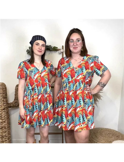 L621- Robe trapèze "Tropical" (T40-T48) (rouge)