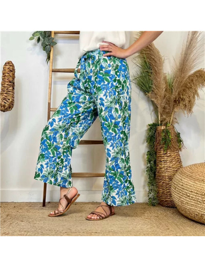 L787- Pantalon Flou "Feuilles"(T36-T40) (bleu)
