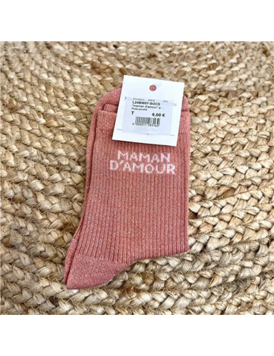 V315- Chaussettes paillettes "Maman d'Amour" (rose poudré)