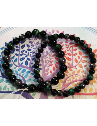 Bracelet "Triple Protection" en Oeil de Tigre vert, Hématite et Obsidienne Noire