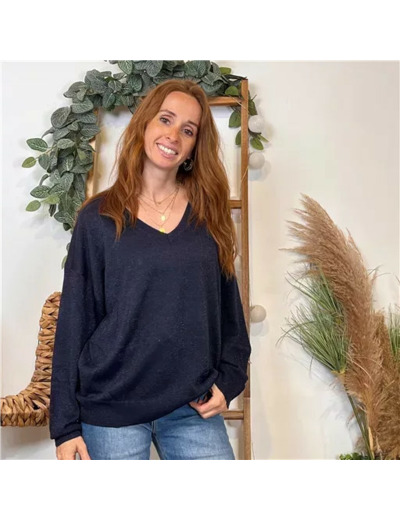 K088- Pull col en V Lurex Version Féminin (marine)