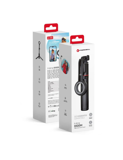 FORCELL F-GRIP S100M Trépied / Perche à selfie noire 1m compatible MagSafe avec télécommande sans fil