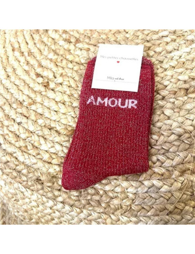 V329- Chaussettes paillettes "Amour" (bordeaux)