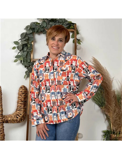 K086- Chemise "Chats" So Sweet" 🐱 (orange)
