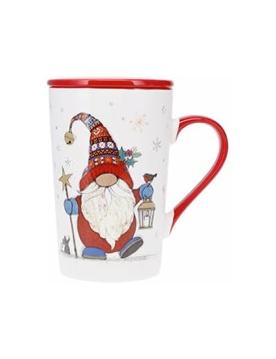 KIUB Grand mug NOEL avec couvercle - motif lutin coquin fetant Noel - matière porcelaine fine - contenance 400ML
