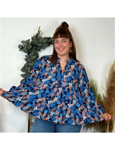 K030- Blouse By One "Tropical" (T40-T48) (marine)