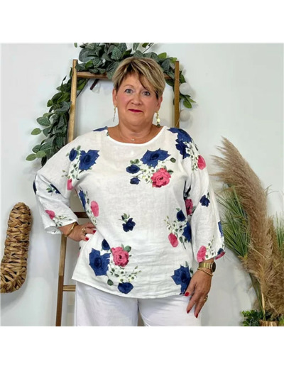 Z151- Tunique coton "FLEURS" (Gt) 🇮🇹 (blanc)
