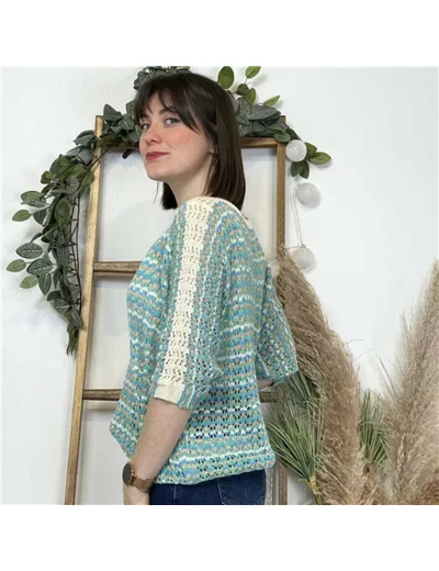 K491- Pull rayé Lurex (Tu) 🇮🇹 (bleu turquoise)
