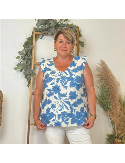 K750- Top Christy Fleuri (T44-T52) (bleu jeans)