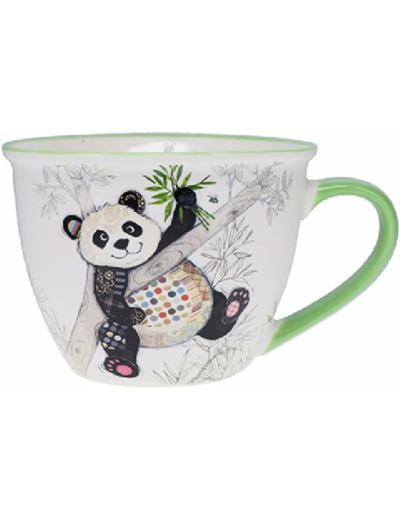 KIUB Bol timbale avec une anse - Motif panda sur sa branche de bambou- matière porcelaine fine - contenance 550ML