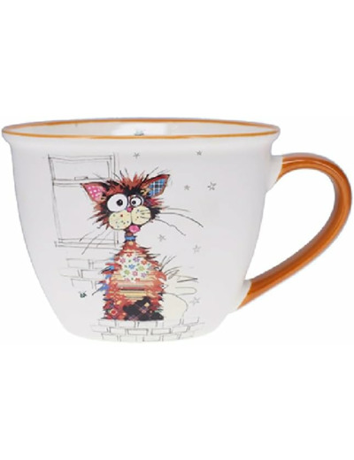 KIUB Bol timbale avec une anse - Motif grand chat marron stylisé nommé Ziggy- matière porcelaine fine - contenance 550ML