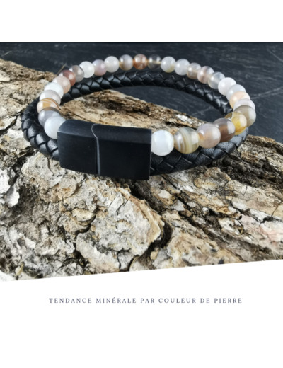 Bracelet Homme Cuir Double Agate du Botswana