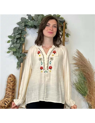 K097- Blouse brodée "Version Féminin" (T36-T40) (ecru)