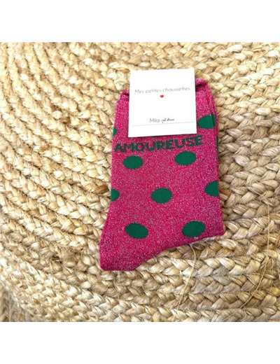 V313- Chaussettes paillettes "Amoureuse" (fuchsia)