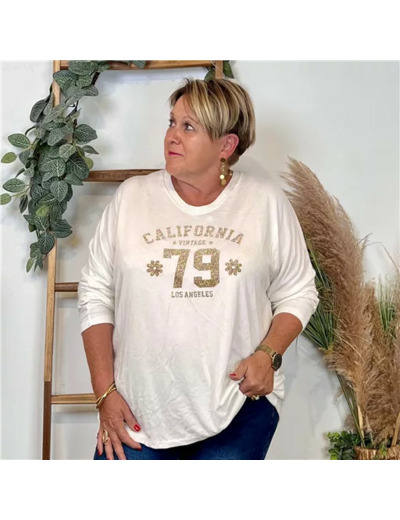Z137- Pull femme grande taille motif doré Californie 79 (ecru)