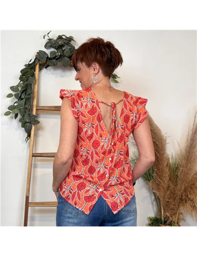 K264- Top Coquelicots dos boutonné (T36-T40) (corail)