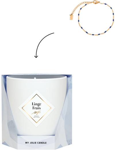 MY JOLIE CANDLE - Bougie Parfumée Linge Frais - Bijou Surprise Bracelet Noir - Cadeau Femme Maman - Cire Naturelle Végétale - Parfum Français - Mèche Coton