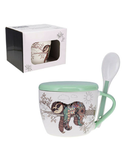 Bol à soupe avec couvercle et cuillère en porcelaine fine- motif paresseux