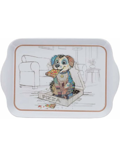 Mini Plateau avec des Animaux - Motif Chiot Mangeant Une Pizza- mélamine de qualité - Taille Mini 14 * 21 CM