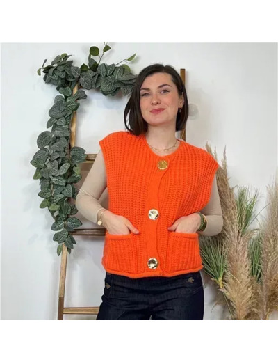 K576- Gilet Grosse Maille bouton doré (Tu) (orange)