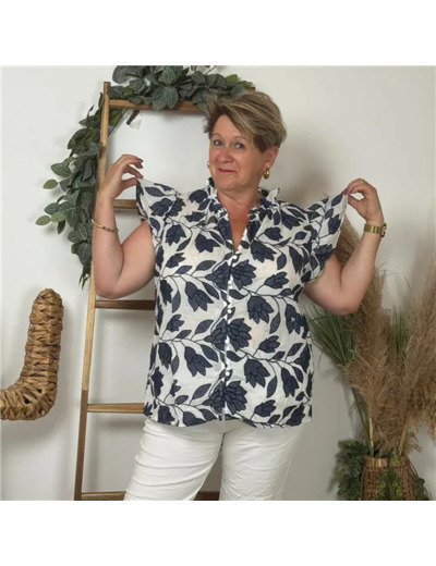 K120- Chemise « Coton Fleurs » (T40-T48) (marine)