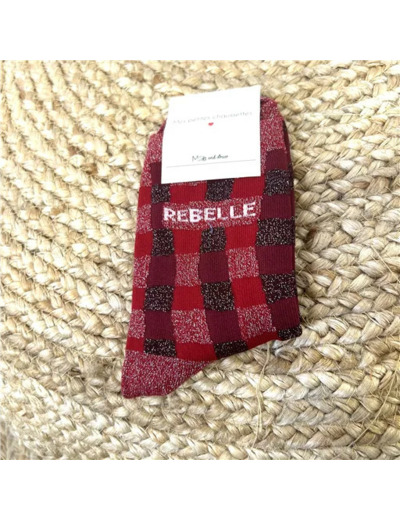 V323- Chaussettes paillettes "Rebelle" (rouge)