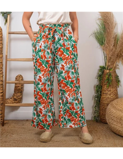 L787- Pantalon Flou "Feuilles"(T36-T40) (rouge)