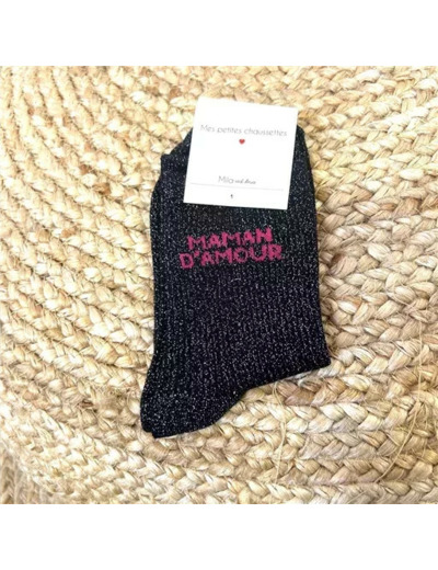 V315- Chaussettes paillettes "Maman d'Amour" (noir)