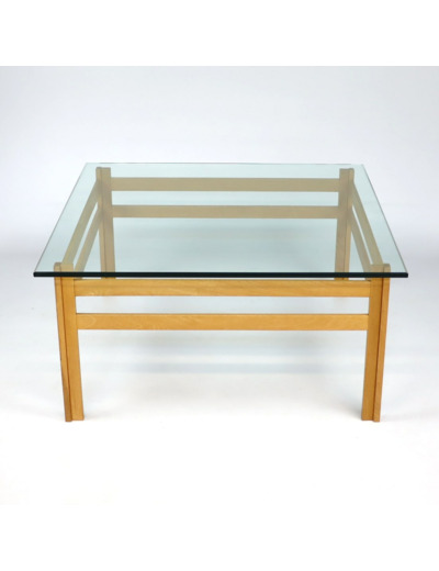 Table basse en chêne et verre années 70