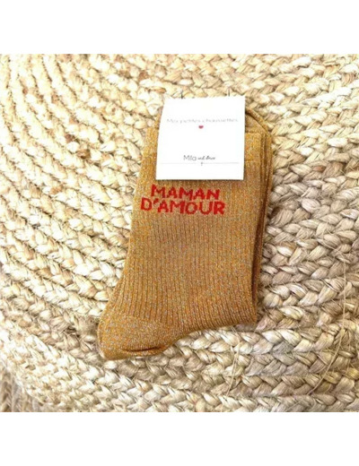 V315- Chaussettes paillettes "Maman d'Amour" (moutarde)