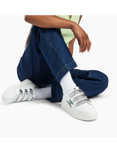 Baskets éclair blanc et vert à scratchs argent - Bonnie - Vanessa Wu