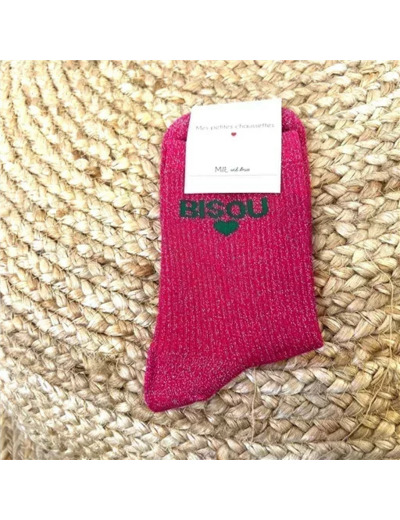 V317- Chaussettes paillettes "Bisou" (fuchsia)