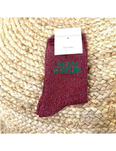 V325- Chaussettes paillettes "Mon Coeur" (bordeaux)