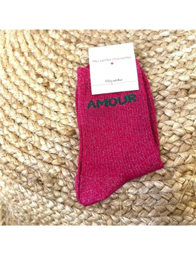 V329- Chaussettes paillettes "Amour" (fuchsia)