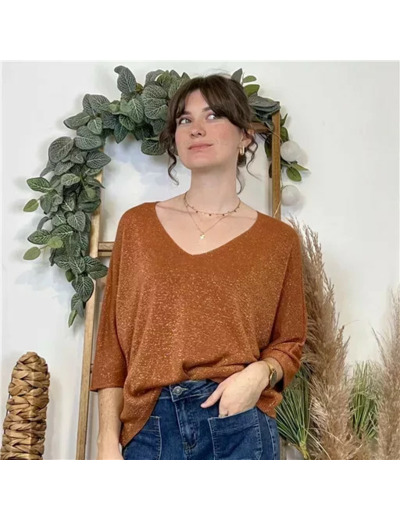 K052- Pull col en V Lurex (Tu) 🇮🇹 (rouille)