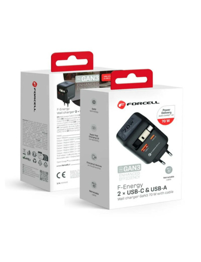 FORCELL F-Energy Chargeur mural 70W USB-C + USB-A avec câble USB-C intégré