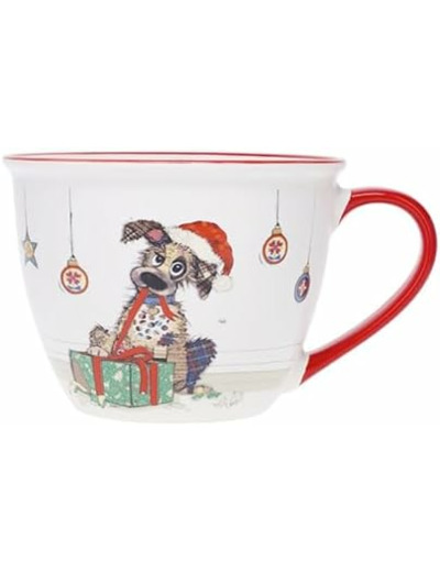 KIUB Bol timbale Noel avec une anse - Motif chien gentil fêtant Noël - matière porcelaine - contenance 550ML