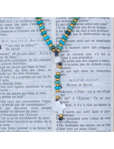 Chapelet de téléphone jaspe bleu, nacre et perles de verre Miyuki or